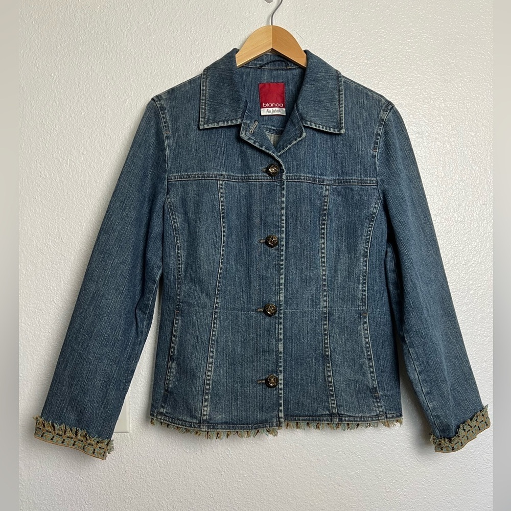 Vintage Bianca Denim Jacket Fringe Metal  Ornate Buttons Yellow stones Boho 10 - Picture 2 of 12